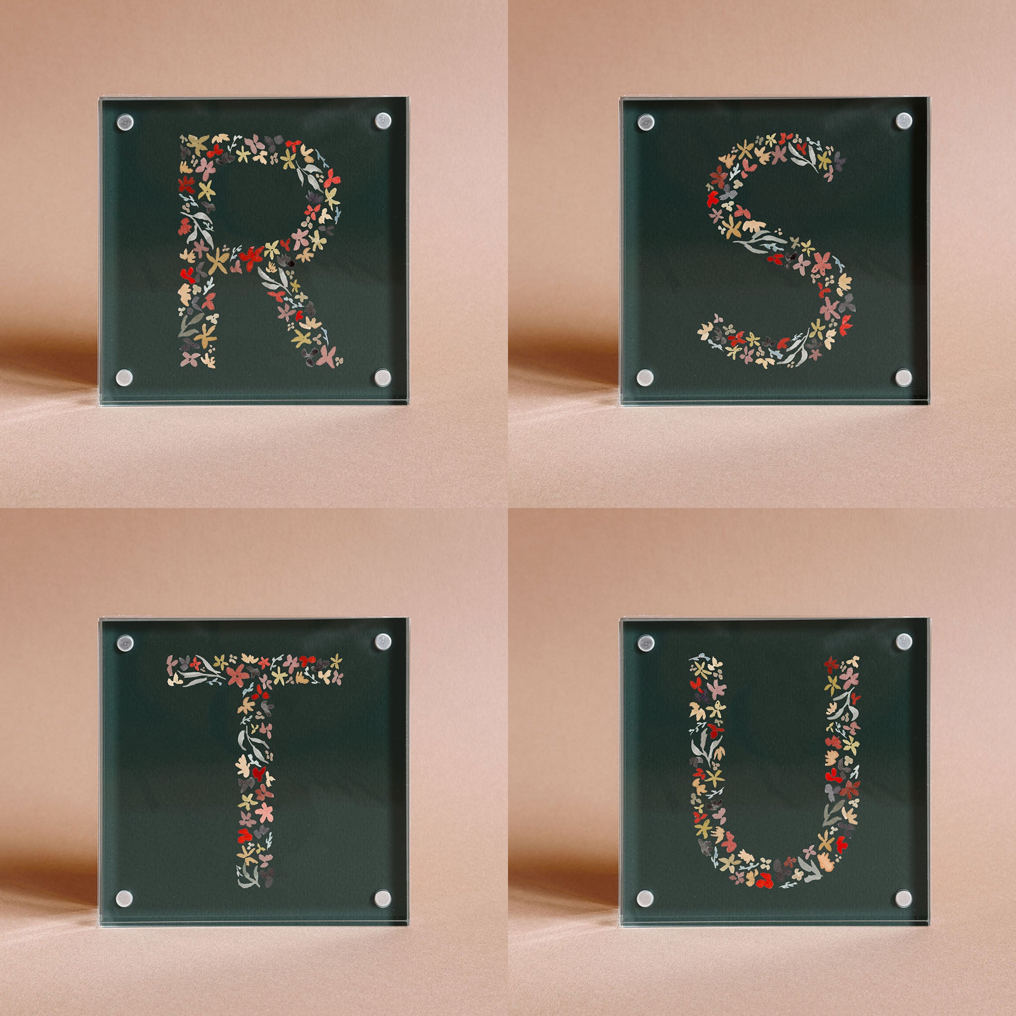 Dark Green Floral Alphabet Acrylic Block Framed
