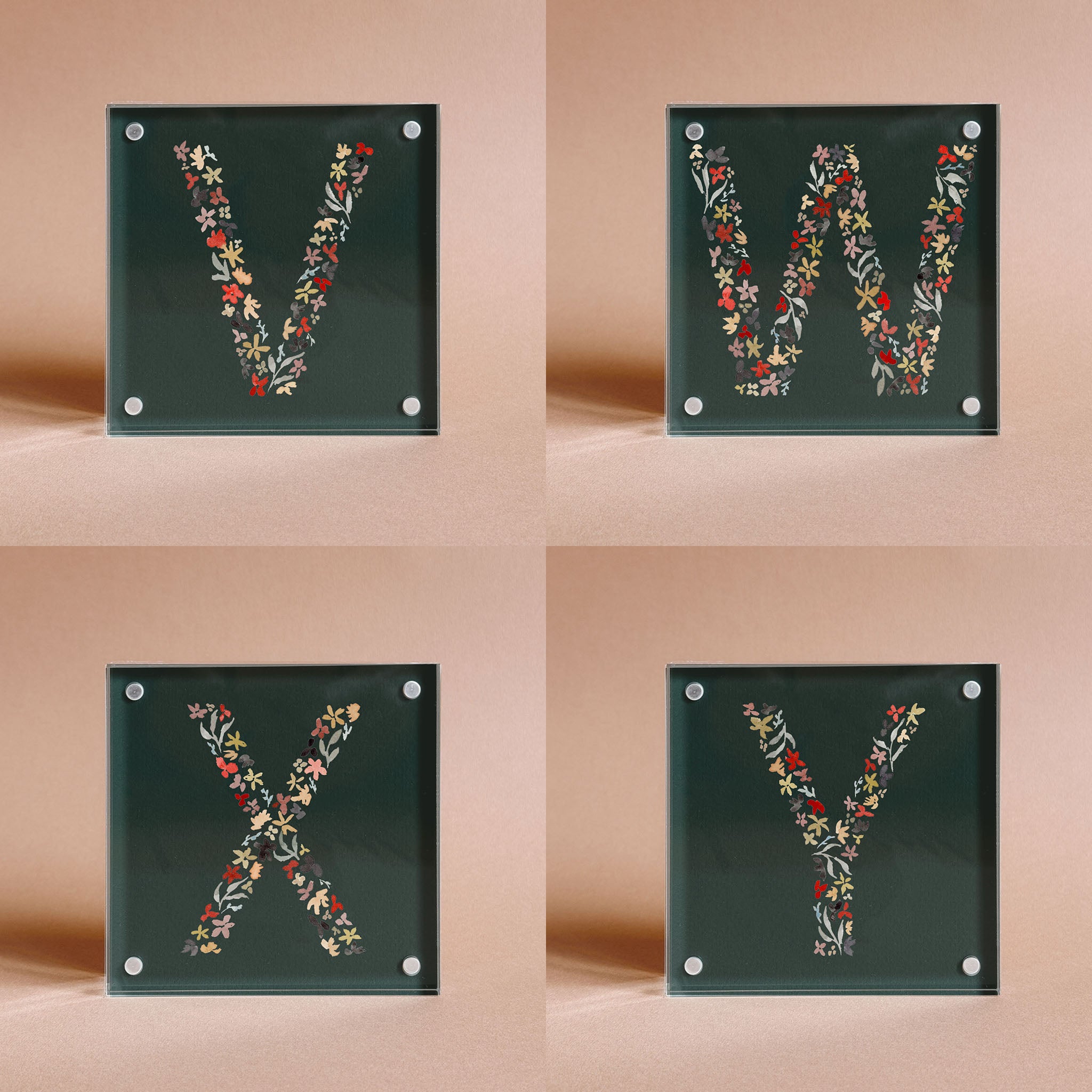 Dark Green Floral Alphabet Acrylic Block Framed
