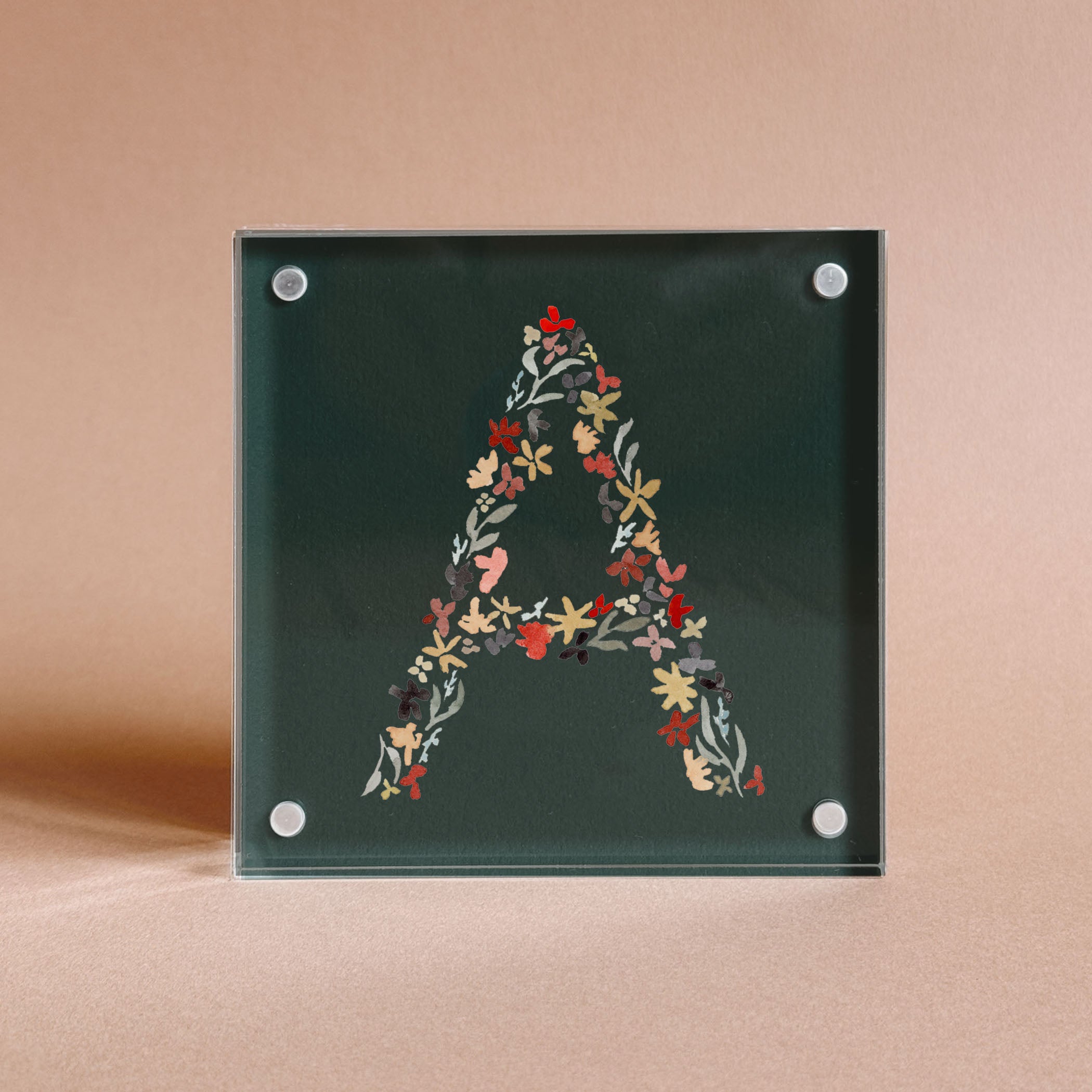 Dark Green Floral Alphabet Acrylic Block Framed