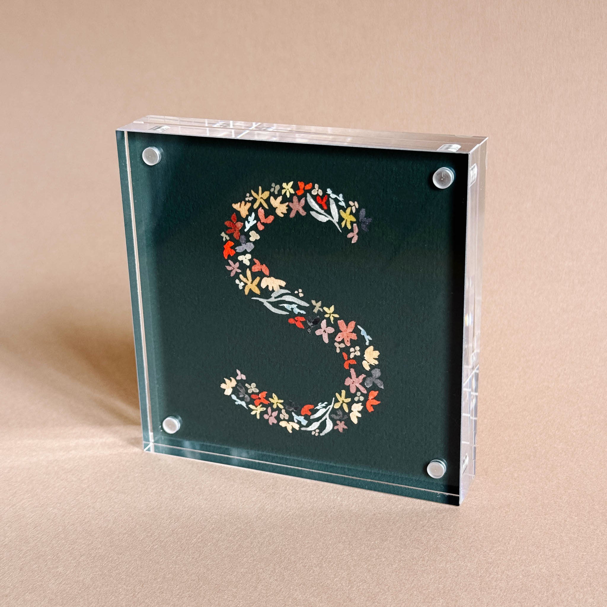 Dark Green Floral Alphabet Acrylic Block Framed