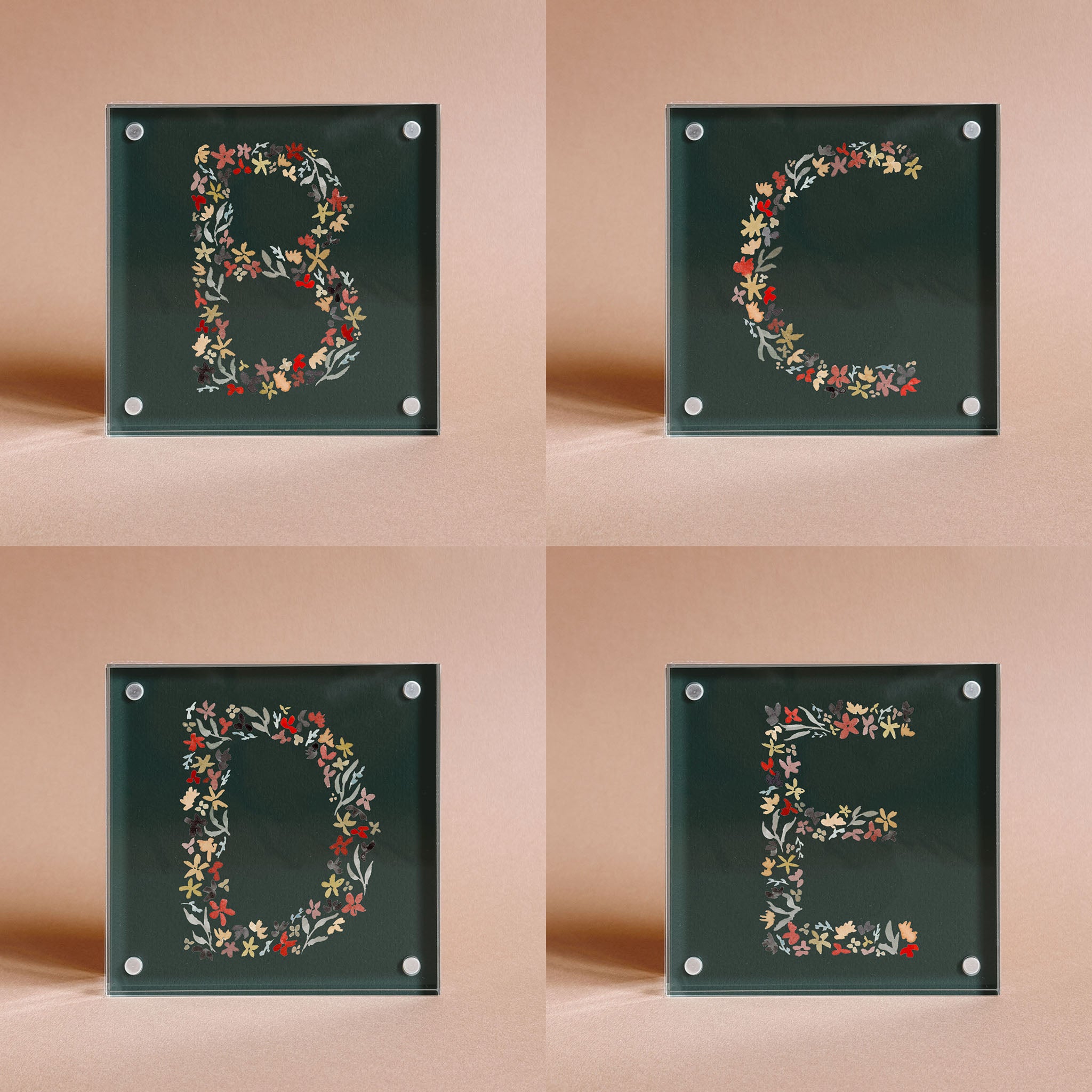 Dark Green Floral Alphabet Acrylic Block Framed