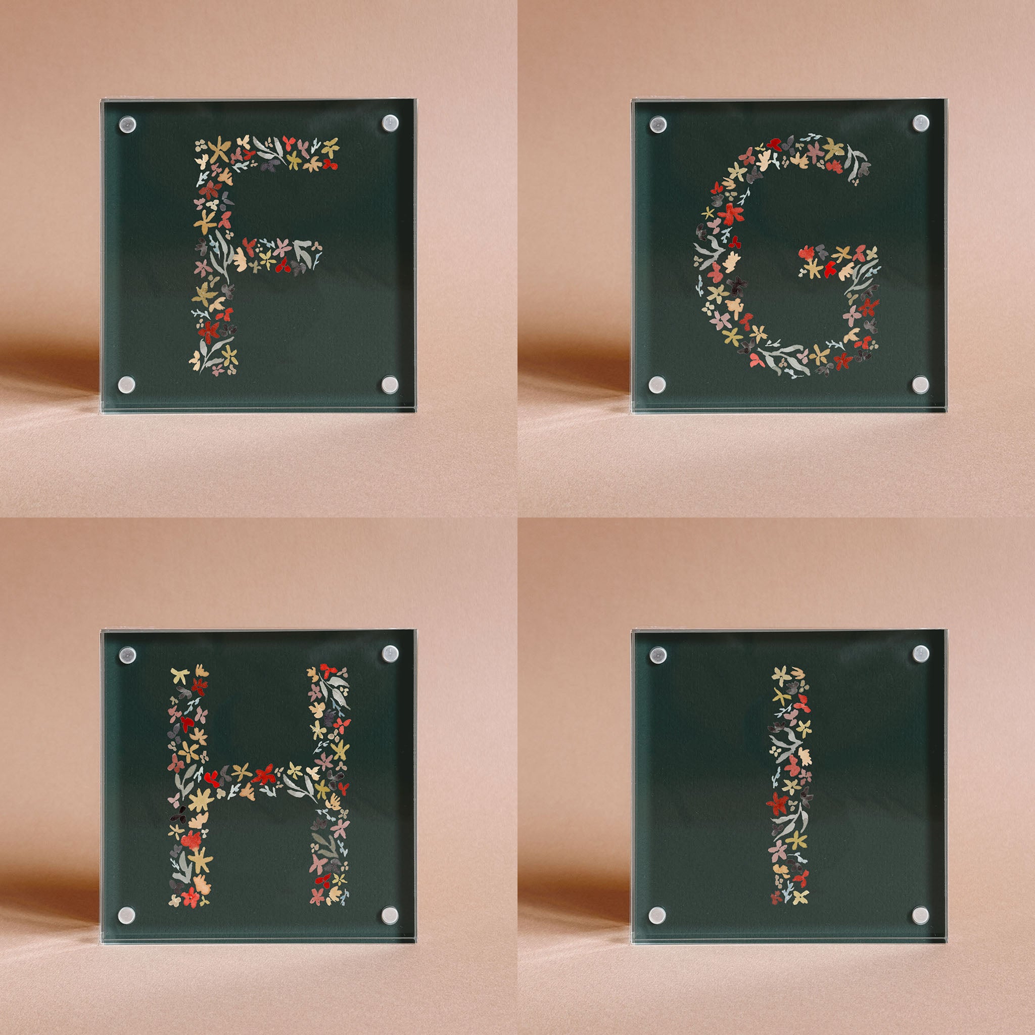 Dark Green Floral Alphabet Acrylic Block Framed