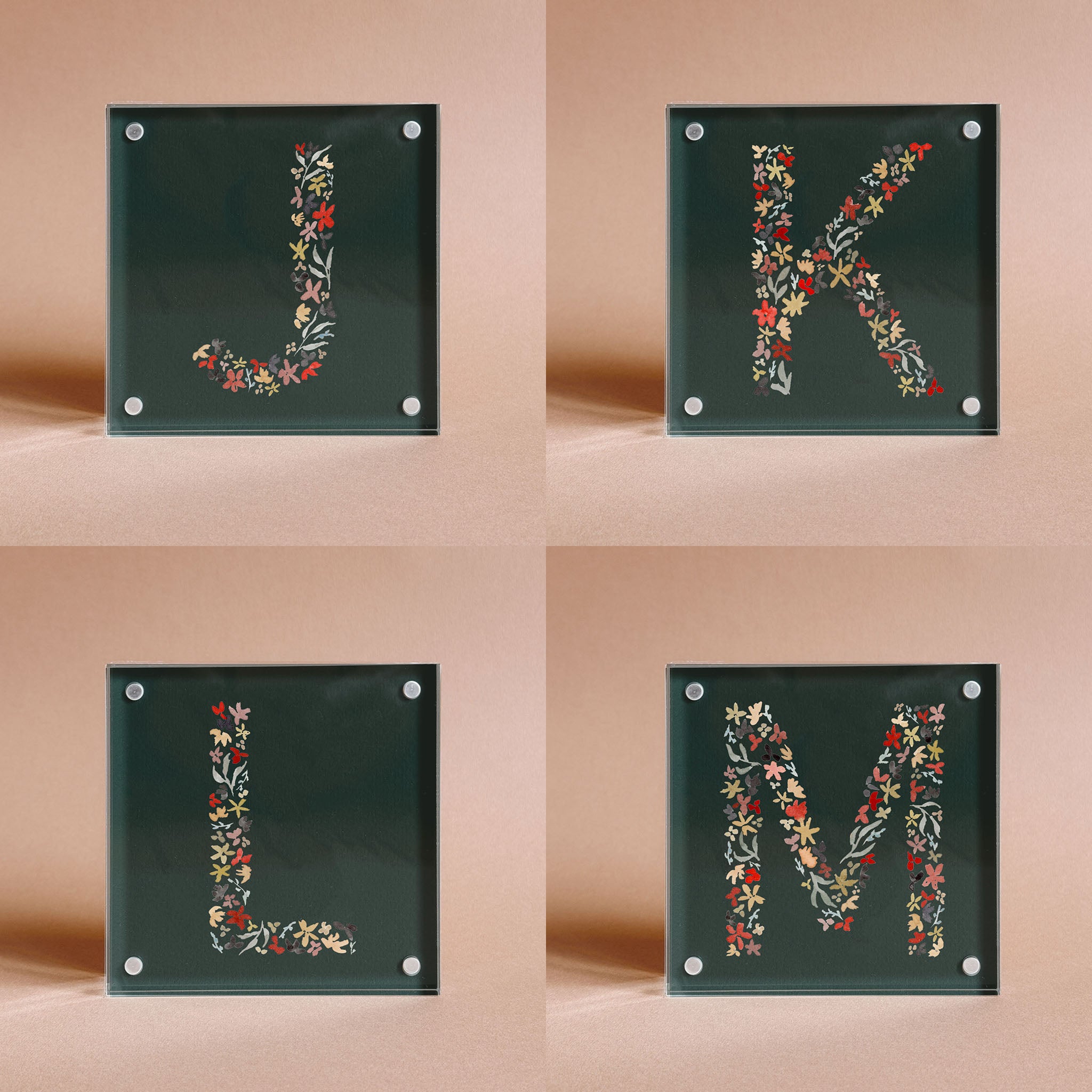 Dark Green Floral Alphabet Acrylic Block Framed