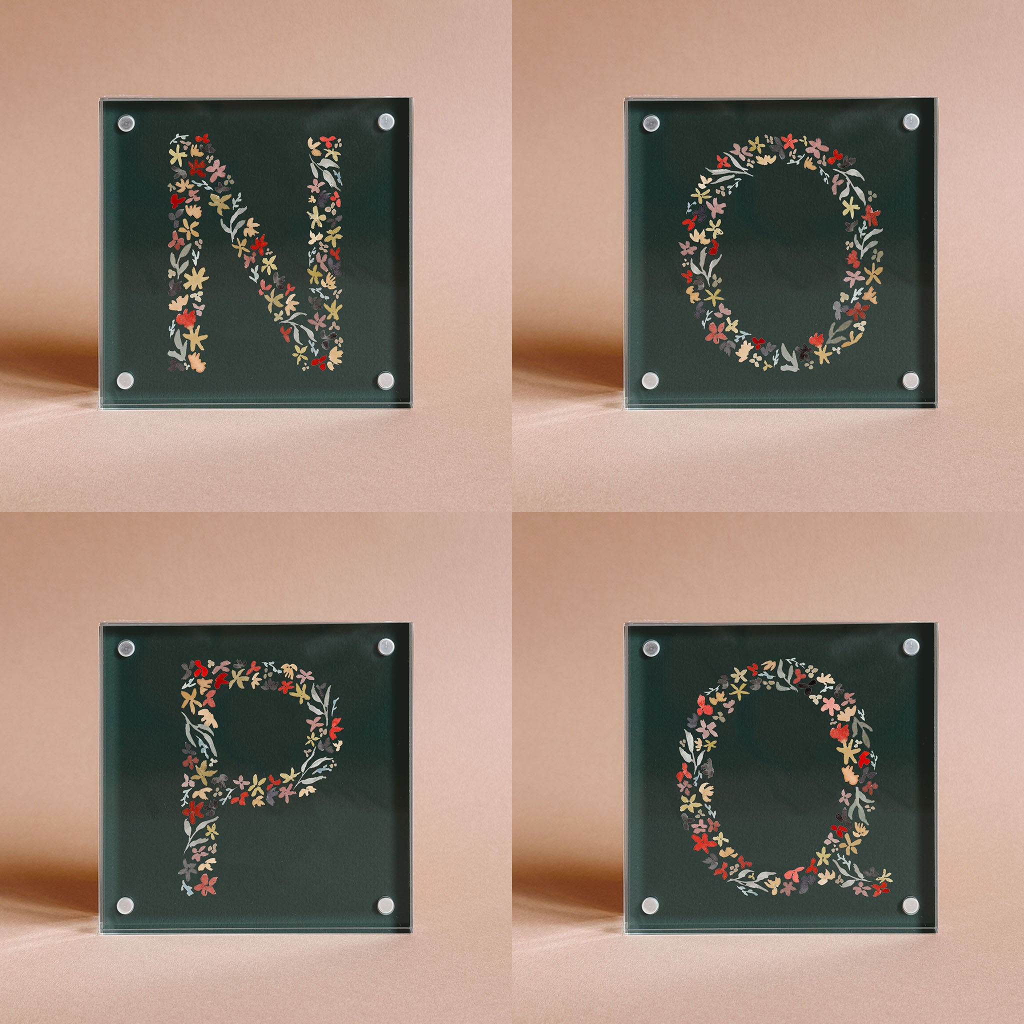 Dark Green Floral Alphabet Acrylic Block Framed