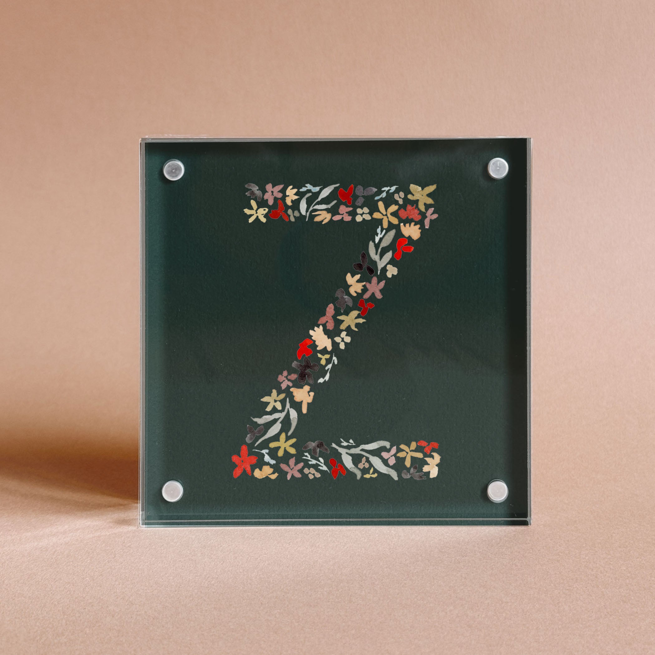 Dark Green Floral Alphabet Acrylic Block Framed